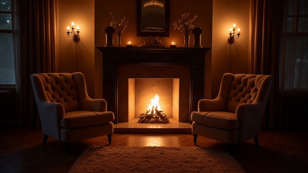 Two armchairs by a fireplace